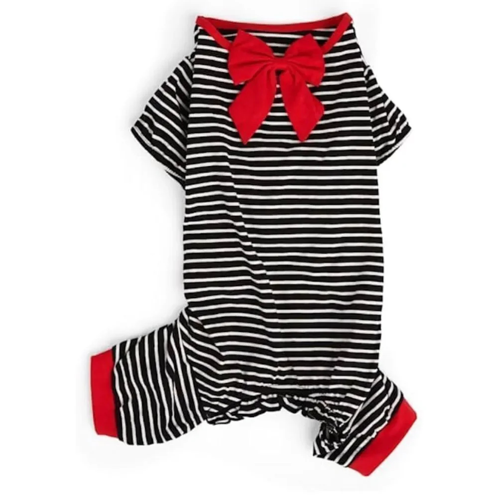 YOULY The Revolutionary Striped Pet Pajamas, Large NWT Black White Red Bow